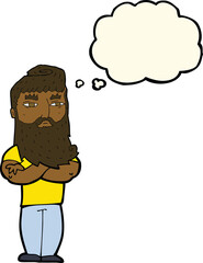 cartoon serious man with beard with thought bubble