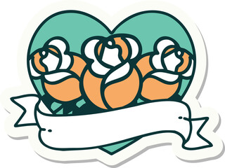 tattoo style sticker of a heart and banner with flowers