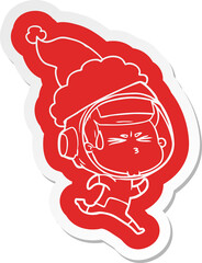 cartoon  sticker of a stressed astronaut wearing santa hat