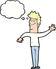 cartoon happy waving man with thought bubble