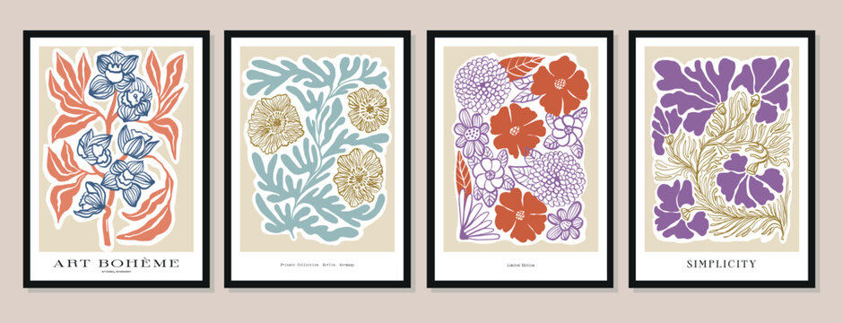 Vector illustration set of botanical printable posters. Matisse style illustration set. Art for postcards, wall art, banner, background. 