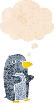 Cartoon Penguin And Thought Bubble In Retro Textured Style