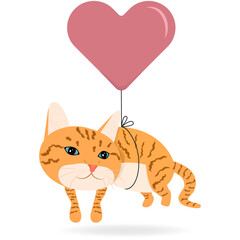 Red cat with blue eyes flying in balloon 