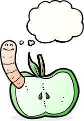 cartoon apple with worm with thought bubble