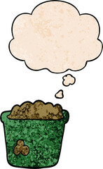 cartoon pot of earth and thought bubble in grunge texture pattern style