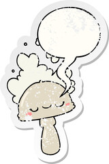 cartoon mushroom and spoor cloud and speech bubble distressed sticker