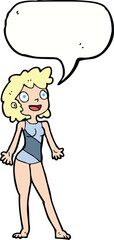 cartoon woman in swimming costume with speech bubble