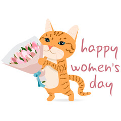 Red cat with blue eyes with a bouquet on women's day