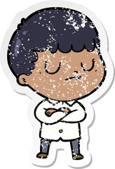 distressed sticker of a cartoon grumpy boy