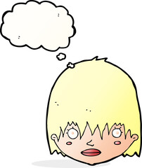 cartoon staring woman with thought bubble