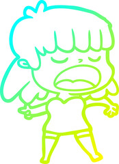 cold gradient line drawing cartoon woman talking loudly