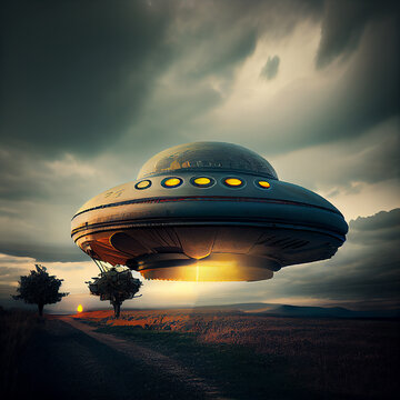 UFO landing, alien invasion and visit, extraterrestrial civilization, paranormal sience fiction, generative AI

