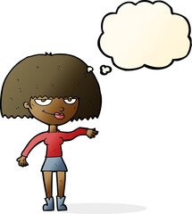 cartoon smug woman making dismissive gesture with thought bubble