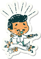 grunge sticker of tattoo style man serving wine