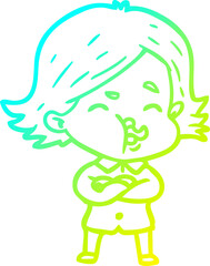 cold gradient line drawing cartoon girl pulling face