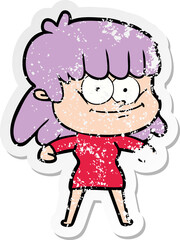 distressed sticker of a cartoon smiling woman