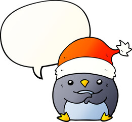 cute cartoon penguin wearing christmas hat and speech bubble in smooth gradient style