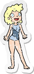 retro distressed sticker of a cartoon woman in swimming costume