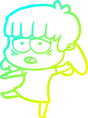 cold gradient line drawing cartoon tired woman