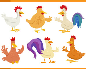 cartoon funny chickens farm animal characters set