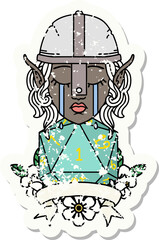 crying elf fighter character face with natural one D20 roll illustration