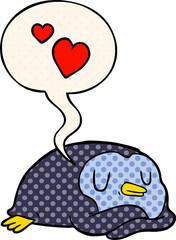 cartoon penguin and love hearts and speech bubble in comic book style