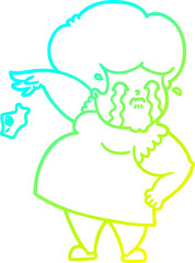 cold gradient line drawing cartoon crying woman dropping handkerchief