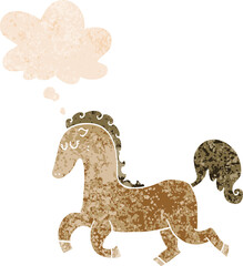 cartoon horse running and thought bubble in retro textured style