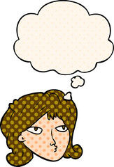 cartoon woman and thought bubble in comic book style