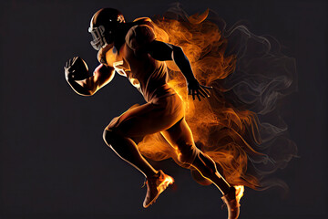 Obraz na płótnie Canvas Silhouette of American football player, player in action on fire. Isolated on black background