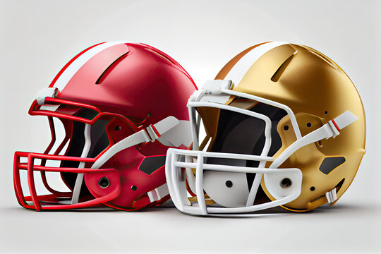 Red American Football Helmets On White Background