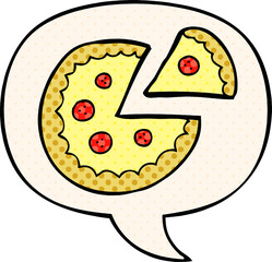 cartoon pizza and speech bubble in comic book style