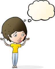 cartoon woman raising hands in air with thought bubble