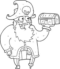 black and white cartoon pirate captain with treasure chest