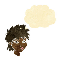 cartoon curious girl with thought bubble