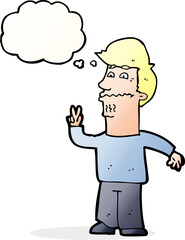 cartoon man giving peace sign with thought bubble
