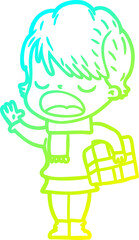 cold gradient line drawing cartoon woman talking