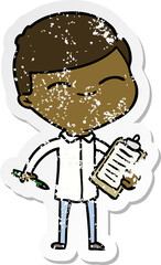 distressed sticker of a cartoon smiling man with clip board