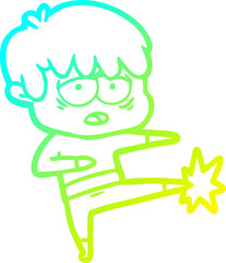 cold gradient line drawing cartoon exhausted boy doing karate