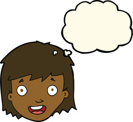 cartoon happy female face with thought bubble