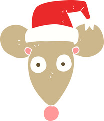 flat color illustration of a cartoon mouse in christmas hat