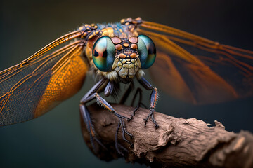 Front of dragonfly perched on a branch very close. Macro style. Generative AI