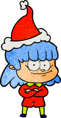 textured cartoon of a smiling woman wearing santa hat