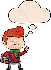 cartoon cool guy with fashion hair cut and thought bubble in grunge texture pattern style