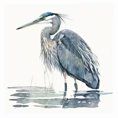 Foto op Plexiglas Minimalist Watercolor Illustration of a Great Blue Heron in Water, Isolated on White, Made in Part with Generative AI © Carl & Heidi