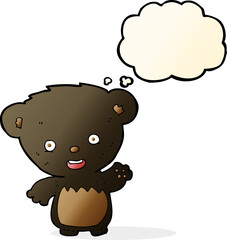 cartoon black bearcub waving with thought bubble