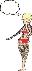 cartoon bikini girl covered in tattoos with thought bubble