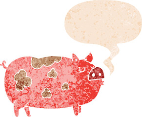 cartoon pig and speech bubble in retro textured style