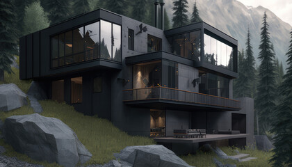 Modern Mansion, Black with Big Windows Cliff Side Luxury Real Estate  