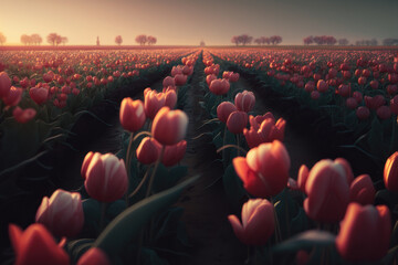 Field of tulips at sunset. AI generative.